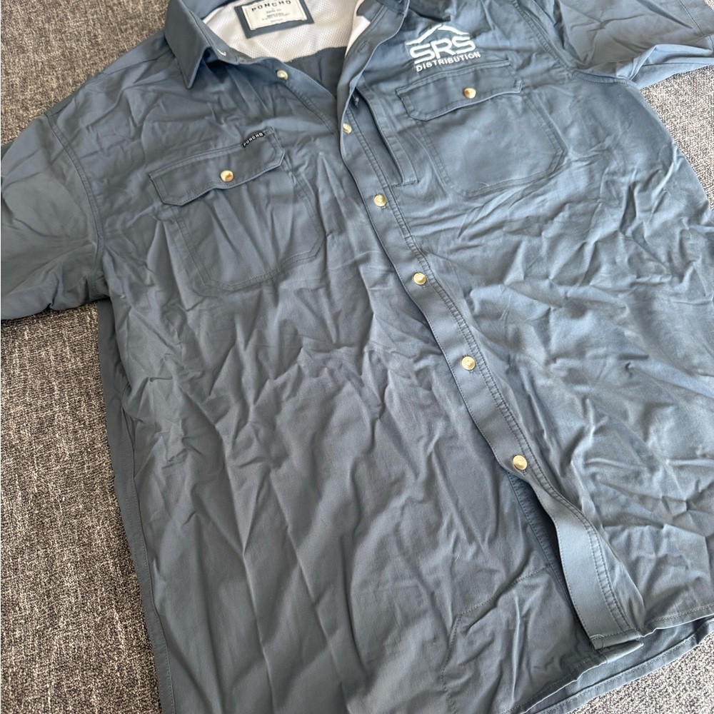 Men's Poncho Outdoors Button Down Shirt Large Regular Fit Blue short sleeve